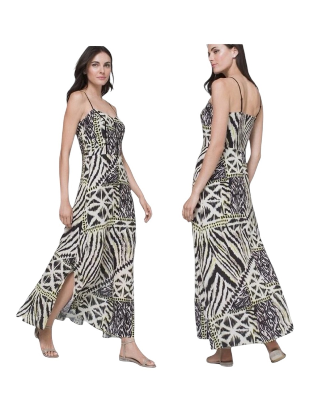 White House Black Market Dress Spaghetti-Strap Maxi Boho Print, Small, B&W Lime
